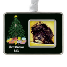 Schnoodle Dog With Christmas Tree Framed Ornament