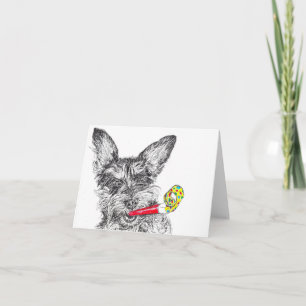 Schnoodle Dog with Party Blower Birthday Note Card