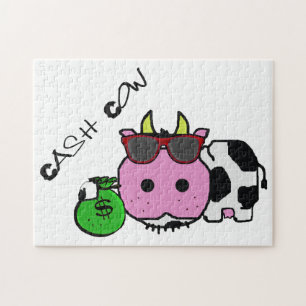 Schnozzle Cow Cash Cow Cartoon w/Money Bag Jigsaw Puzzle