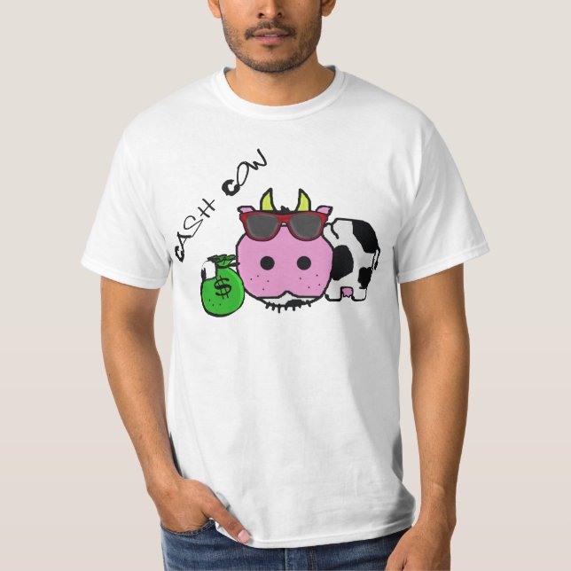 Schnozzle Cow Cash Cow Cartoon w/Money Bag T-Shirt (Front)