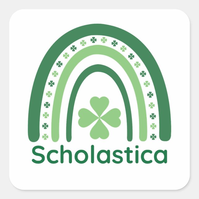 Scholastica Name Clover Boho Rainbow Square Sticker (Front)