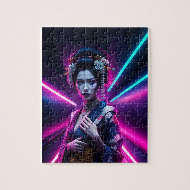 Schöne Geisha Puzzle mit Neon Hintergrund - Elegan (Vertical)