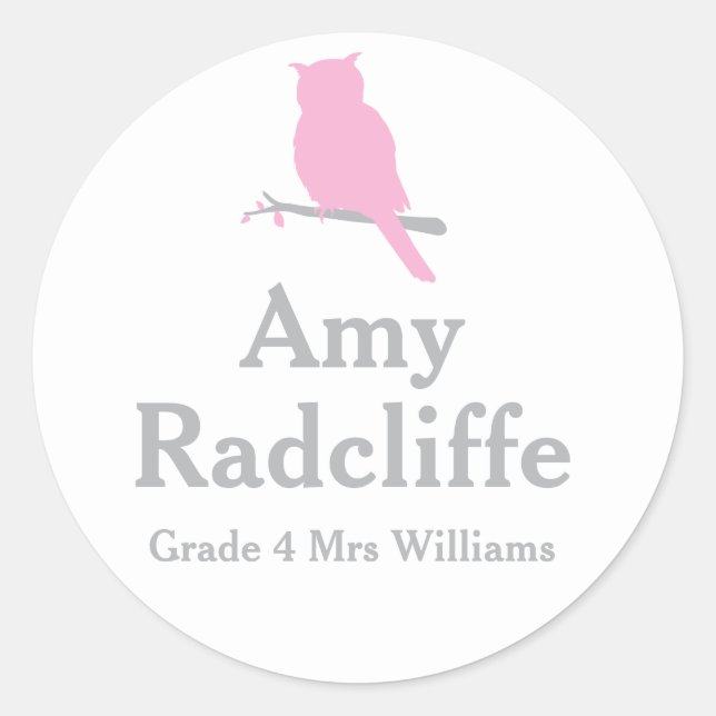 School add your grade & name owl pink id sticker (Front)