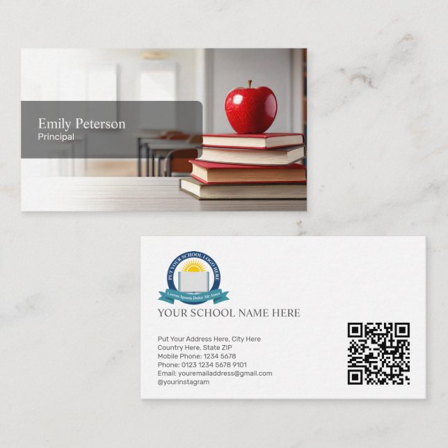 School Administrators with Red Apple and Book Business Card (Front/Back)