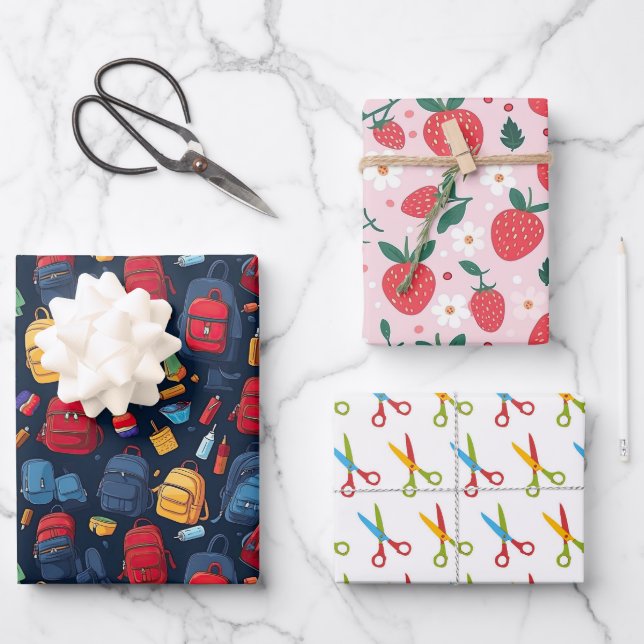 School Backpack Strawberry Scissors Wrapping Paper Sheet (Front)