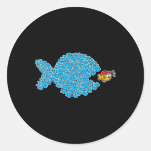 School Blue Fishes About To Get Orange Fish In Red Classic Round Sticker