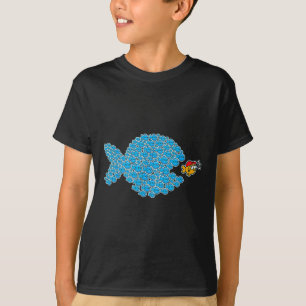 School Blue Fishes About To Get Orange Fish In Red T-Shirt