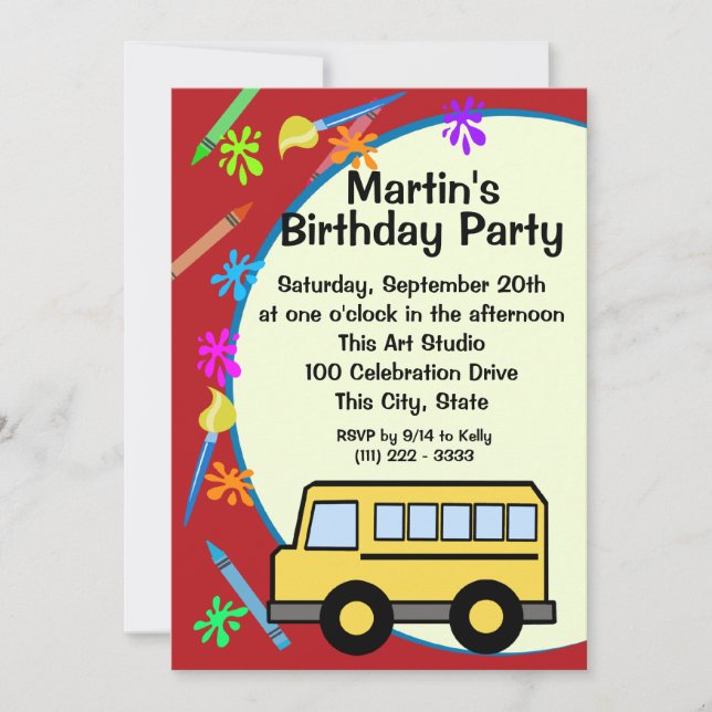 School Bus Art Birthday Invitation (Front)
