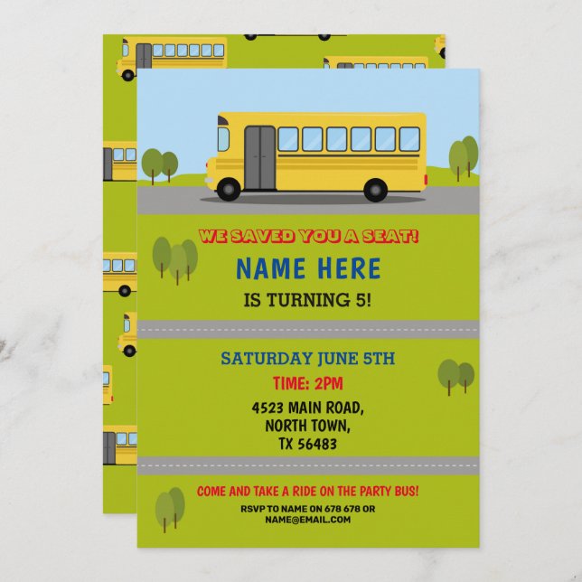 School Bus Birthday Invitation Traffic Buses (Front/Back)