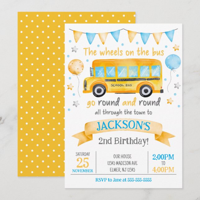 School Bus Birthday Invitation / Wheels on the Bus (Front/Back)