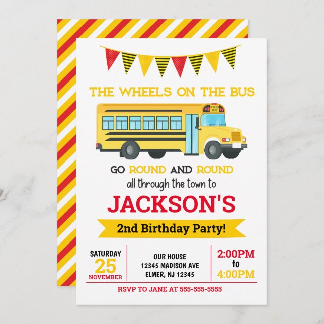 School Bus Birthday Invitation / Wheels on the Bus (Front/Back)