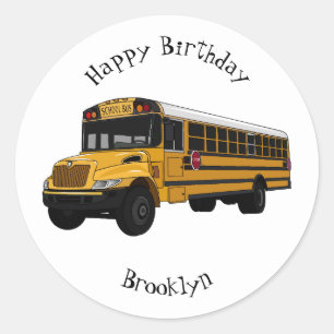 School bus cartoon illustration classic round sticker