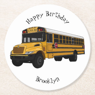 School bus cartoon illustration round paper coaster