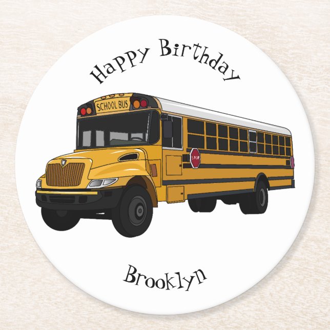 School bus cartoon illustration  round paper coaster (Front)