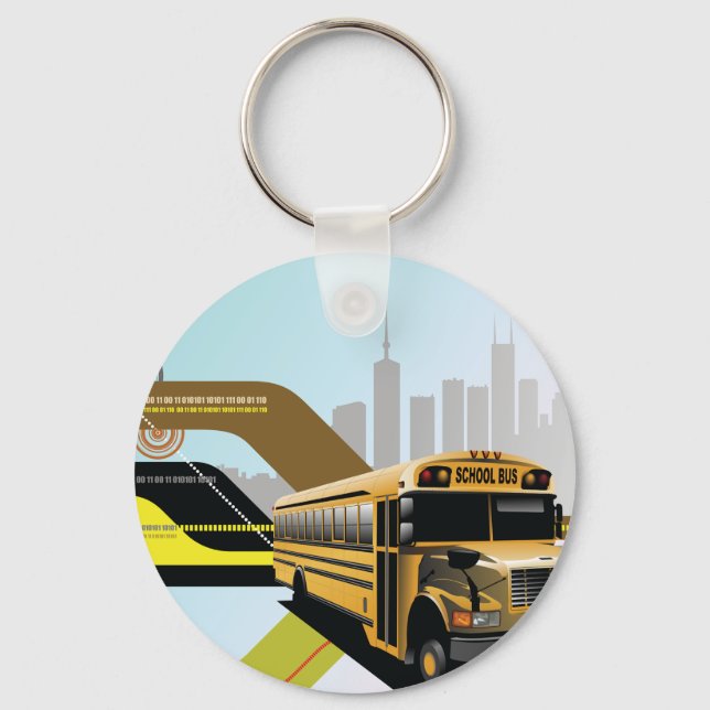 School Bus City Scene Key Ring (Front)