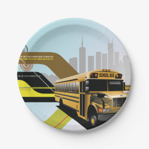 School Bus City Scene Paper Plate