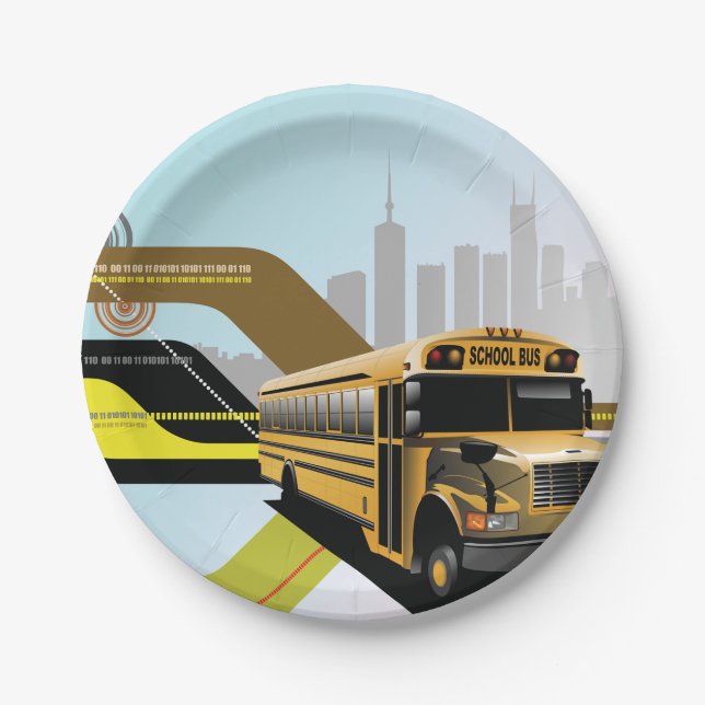 School Bus City Scene Paper Plate (Front)