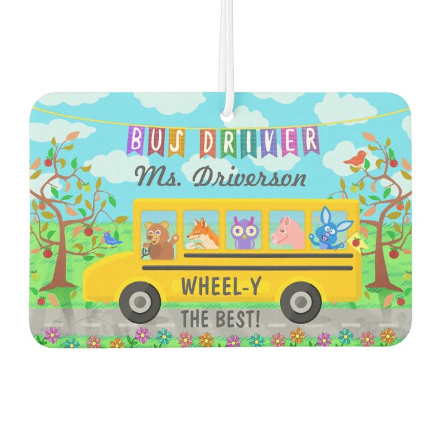 School Bus Driver Cute Animals | Personalised Name Car Air Freshener (Front)
