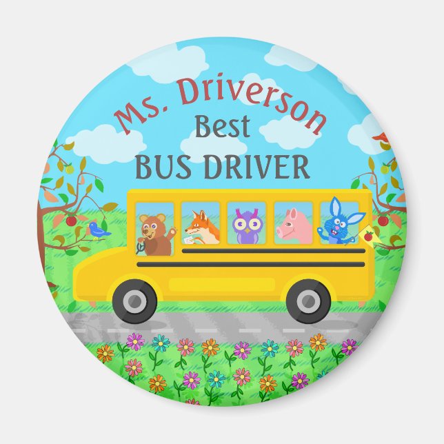 School Bus Driver Cute Animals | Personalised Name Magnet (Front)