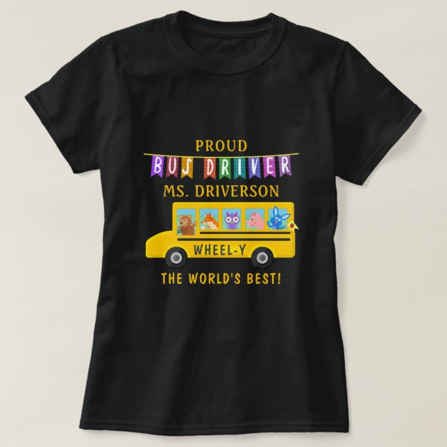 School Bus Driver Cute Animals | Personalised Name T-Shirt (Design Front)