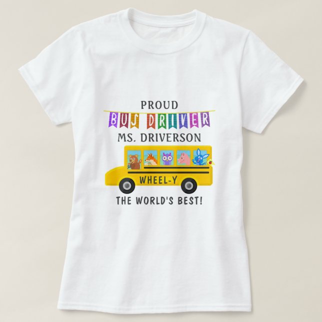 School Bus Driver Cute Animals | Personalised Name T-Shirt (Design Front)