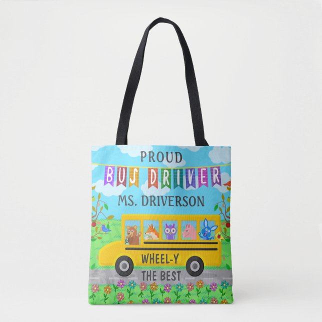 School Bus Driver Cute Animals | Personalised Name Tote Bag (Front)