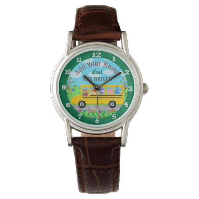 School Bus Driver Cute Animals | Personalised Name Watch (Front)