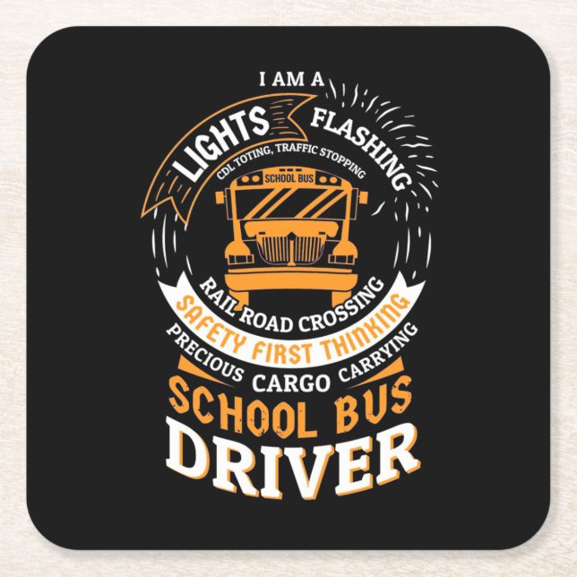 School Bus Driver Lights Flashing Square Paper Coaster (Front)
