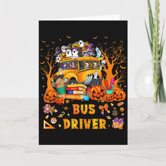 School Bus Driver Pumpkin Season Skeleton Fall Hal Card (Front)