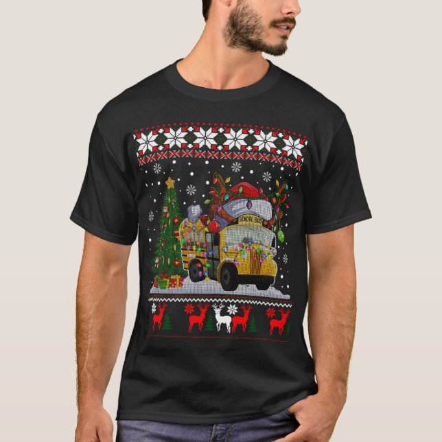 School Bus Driver Reindeer Santa Hat Ugly Christma T-Shirt (Front)