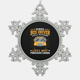 School Bus Driver Safely Delivering Snowflake Pewter Christmas Ornament