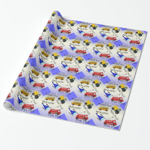 School bus, helicopter, fire and san truck wrapping paper
