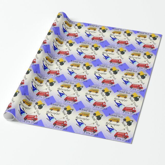 School bus, helicopter, fire and san truck wrapping paper (Unrolled)