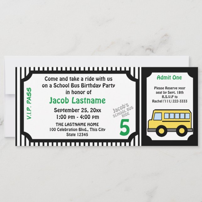 School Bus Ride Birthday Bus Ticket Invitation (Front)