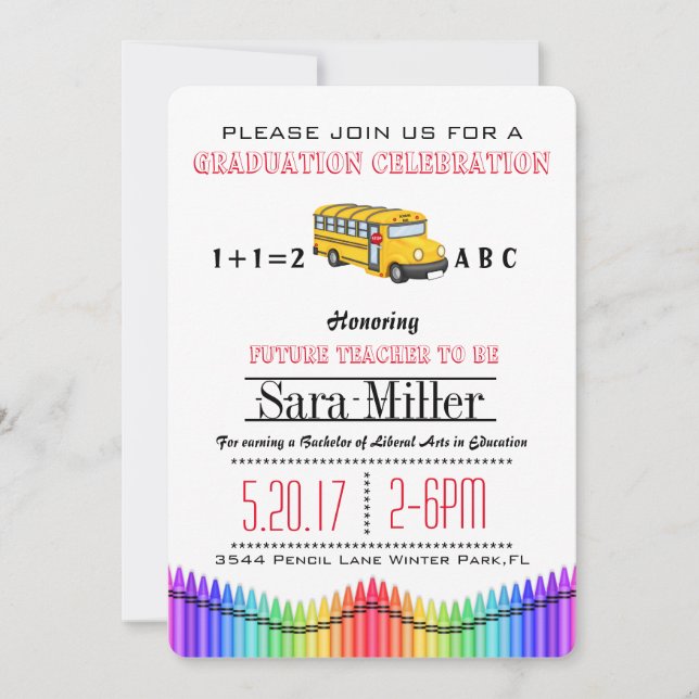 School Bus Teacher Graduation Invitation (Front)