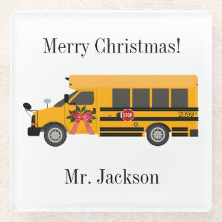 School Children Bus Christmas Glass Coaster