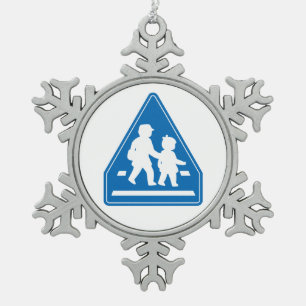 School Children Crossing >> Japanese Traffic Sign Snowflake Pewter Christmas Ornament
