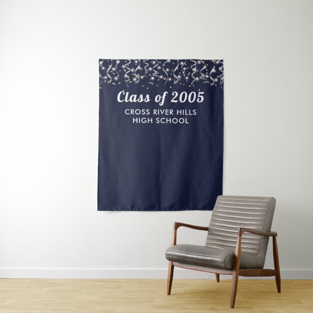 School Class Year Navy Blue Silver Custom Backdrop Tapestry (In Situ)
