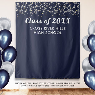 School Class Year Photo Backdrop Navy Blue Silver  Tapestry