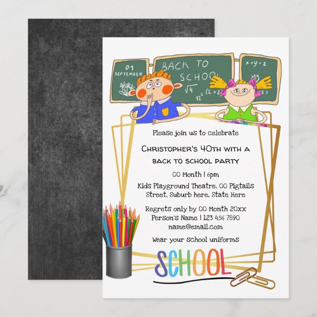School classroom blackboard cartoon kids colourful invitation (Front/Back)