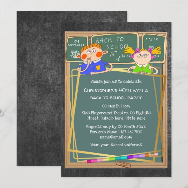 School classroom cartoon kids adult party invitation (Front/Back)