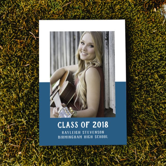 School Colour Block Graduation Invite | Blue (School Color Block Photo Graduation Invite - Blue)