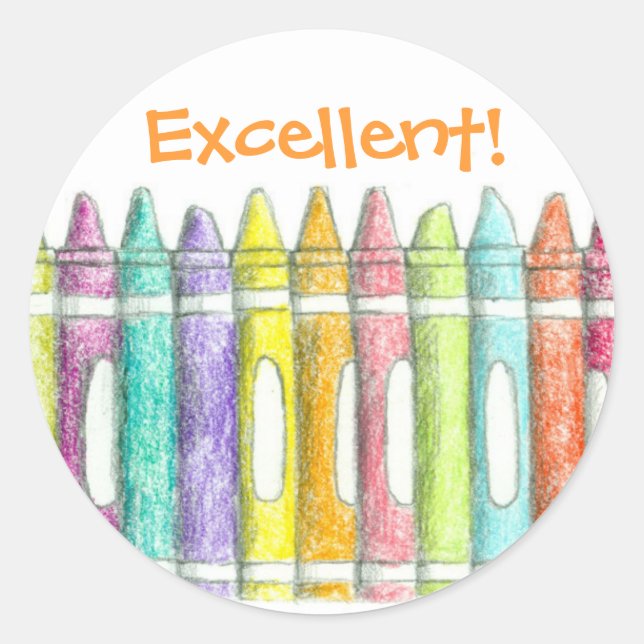 School Colour Crayons Excellent Work Motivational Classic Round Sticker (Front)