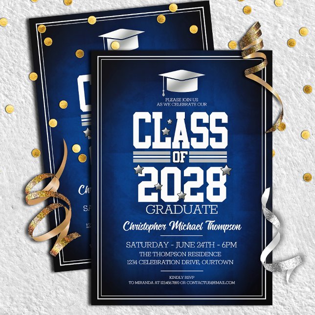 School Colours Blue | Silver Graduation Party  Invitation (Creator Uploaded)