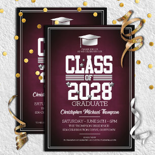 School Colours Burgundy Silver Graduation Party Invitation