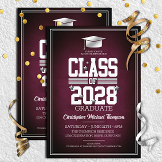 School Colours Burgundy | Silver Graduation Party Invitation