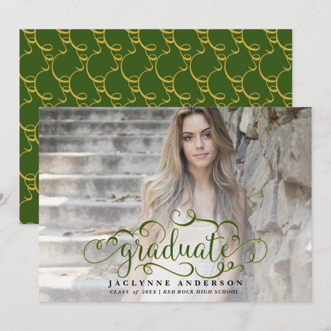 School Colours Green Gold Photo Graduation  Announcement (Front/Back)