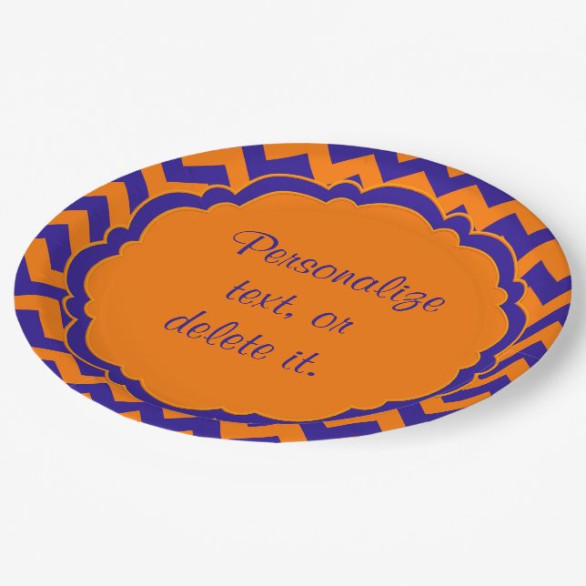School-Colours-Monogram Chevron Orange-Blue- Paper Plate (Angled)