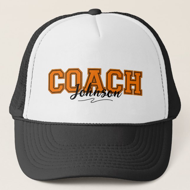 School Colours Personalised Coach-Orange and Black Trucker Hat (Front)