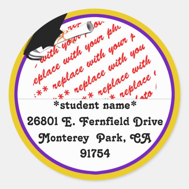 School Colours Purple & Gold Graduation Frame Classic Round Sticker (Front)